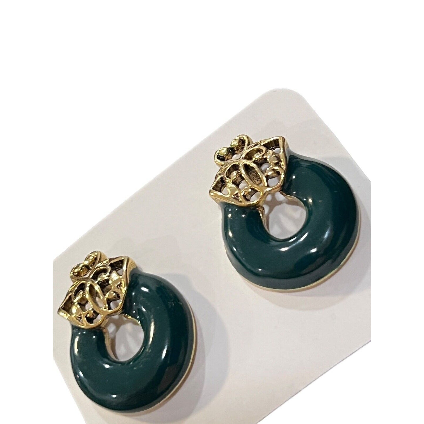 Vintage Gold Tone Door Knocker Green Enamel Round Pierced Fashion Earrings