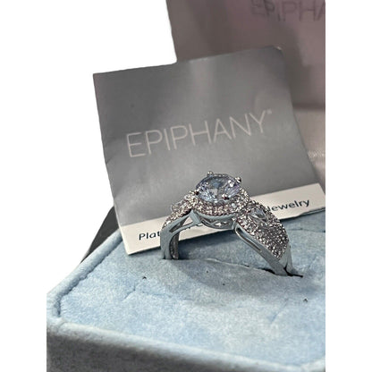 Epiphany Platinum Clad Diamonique Ring size 9 Round Lt Blue Accents .925