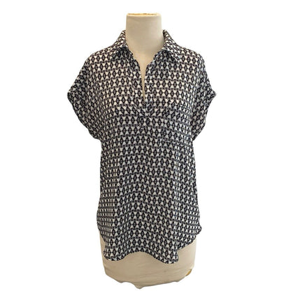 Small Pleione Women's Cap Sleeve Black White Button Up Blouse Slightly Sheer