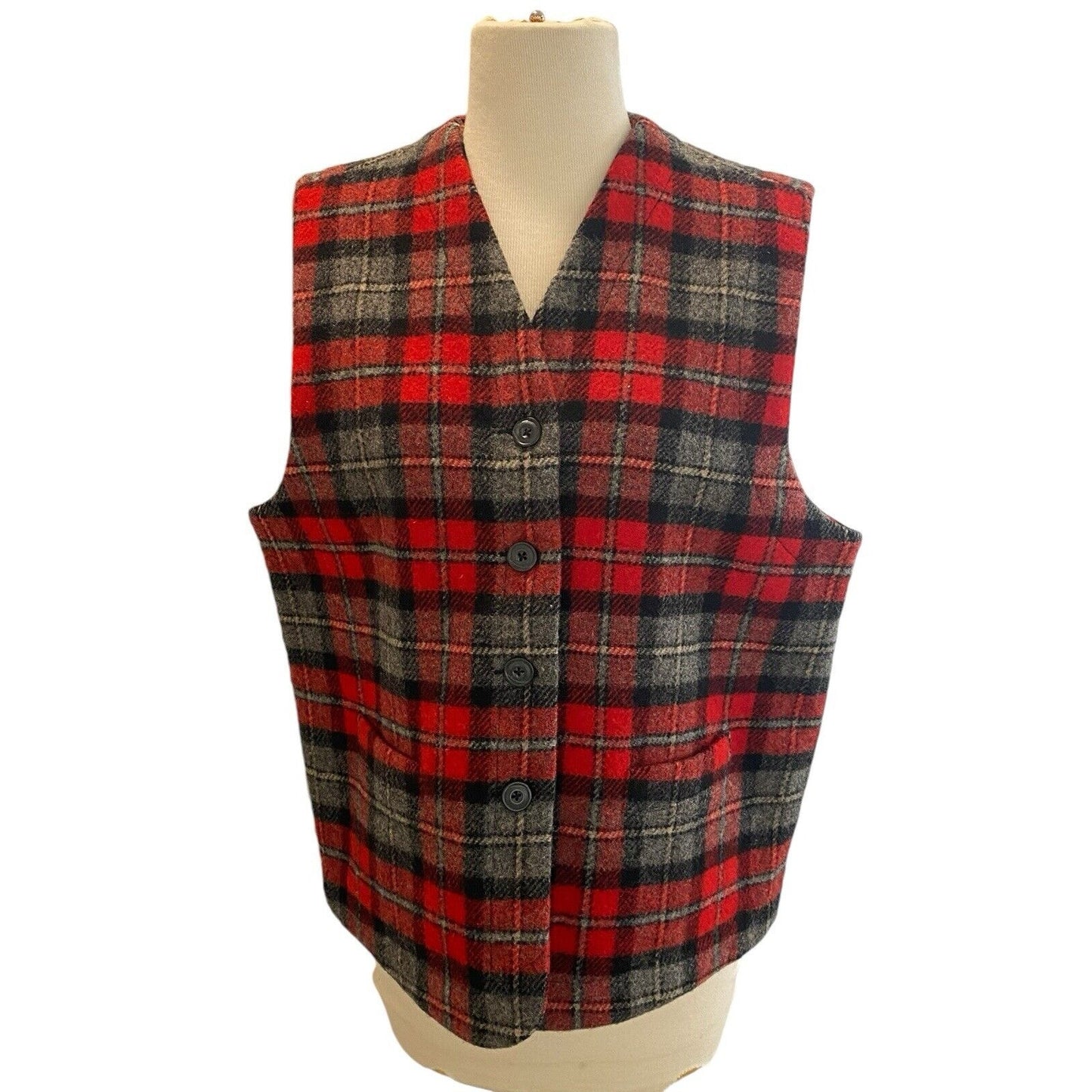 Petite Large Eddie Bauer Women Wool Plaid Red Black Grey Button Pocket Vest