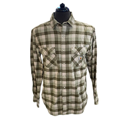 Size Medium Carhartt Flannel Shirt Mens Green Tan Plaid Rugged Flex Pearl Snap