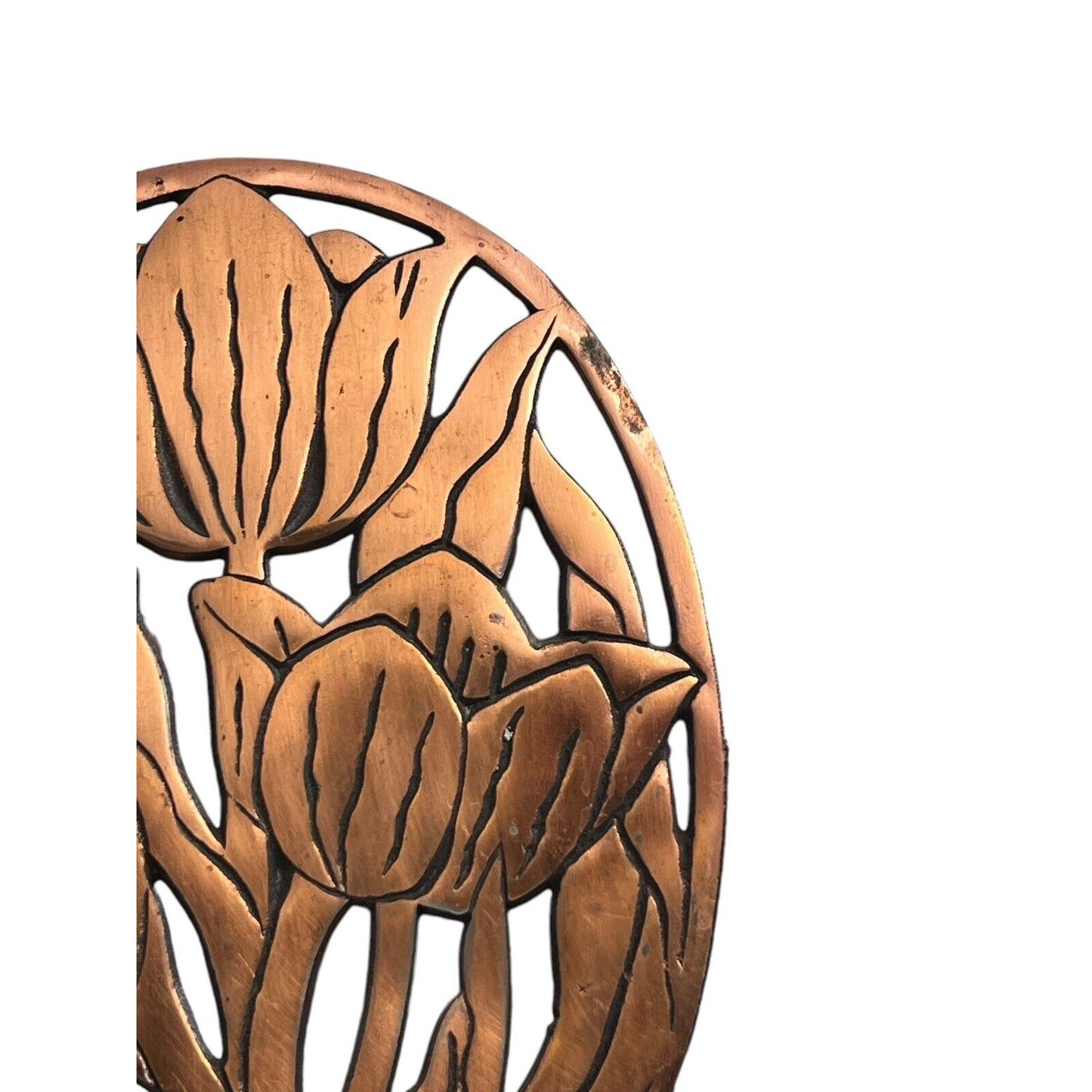Vintage Cast Iron Copper Plated Trivet Wall Hanging Tulip Design Oval 1982