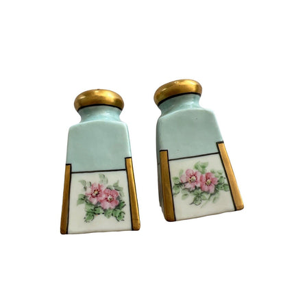 Vintage Bavarian ? Salt And Pepper Hand Painted Floral Gold Shakers EUC