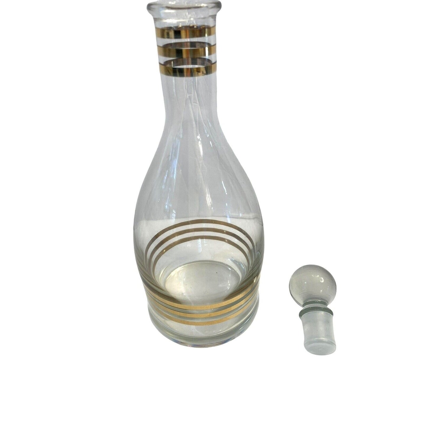 MCM Clear Glass Decanter 6 Glasses Gold Accent Dapper Debonair Classic Bar Set