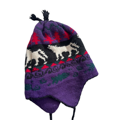 L.L. Bean Peruvian Style Wool Hat Knit Blue Green Wolves Fish Purple