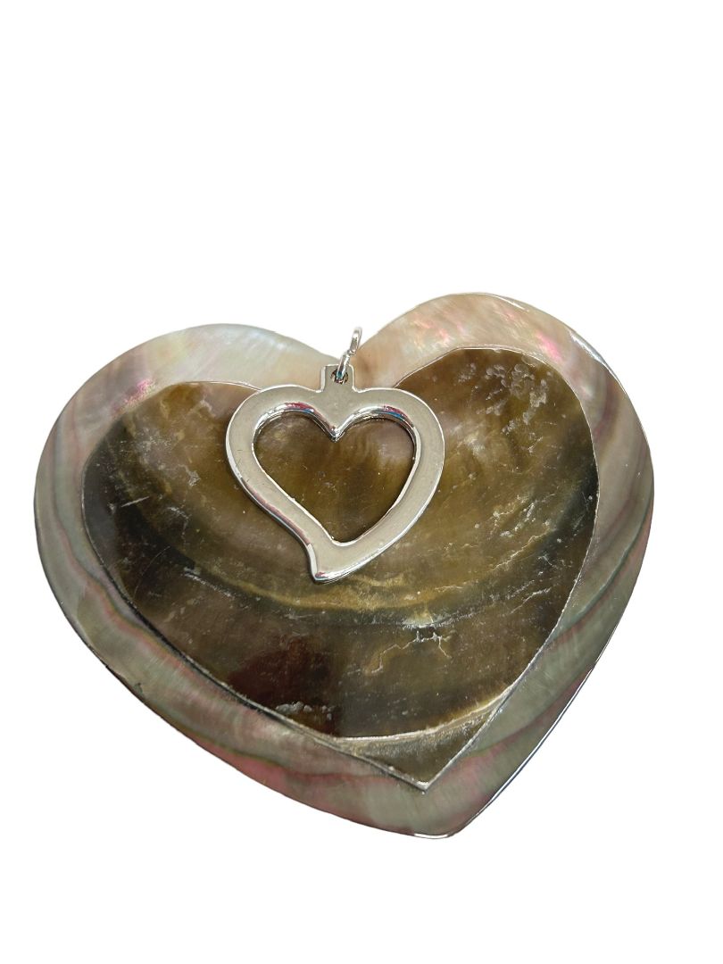 Heart Shaped Shell Silvertone Statement Pendant Brown 2.5"