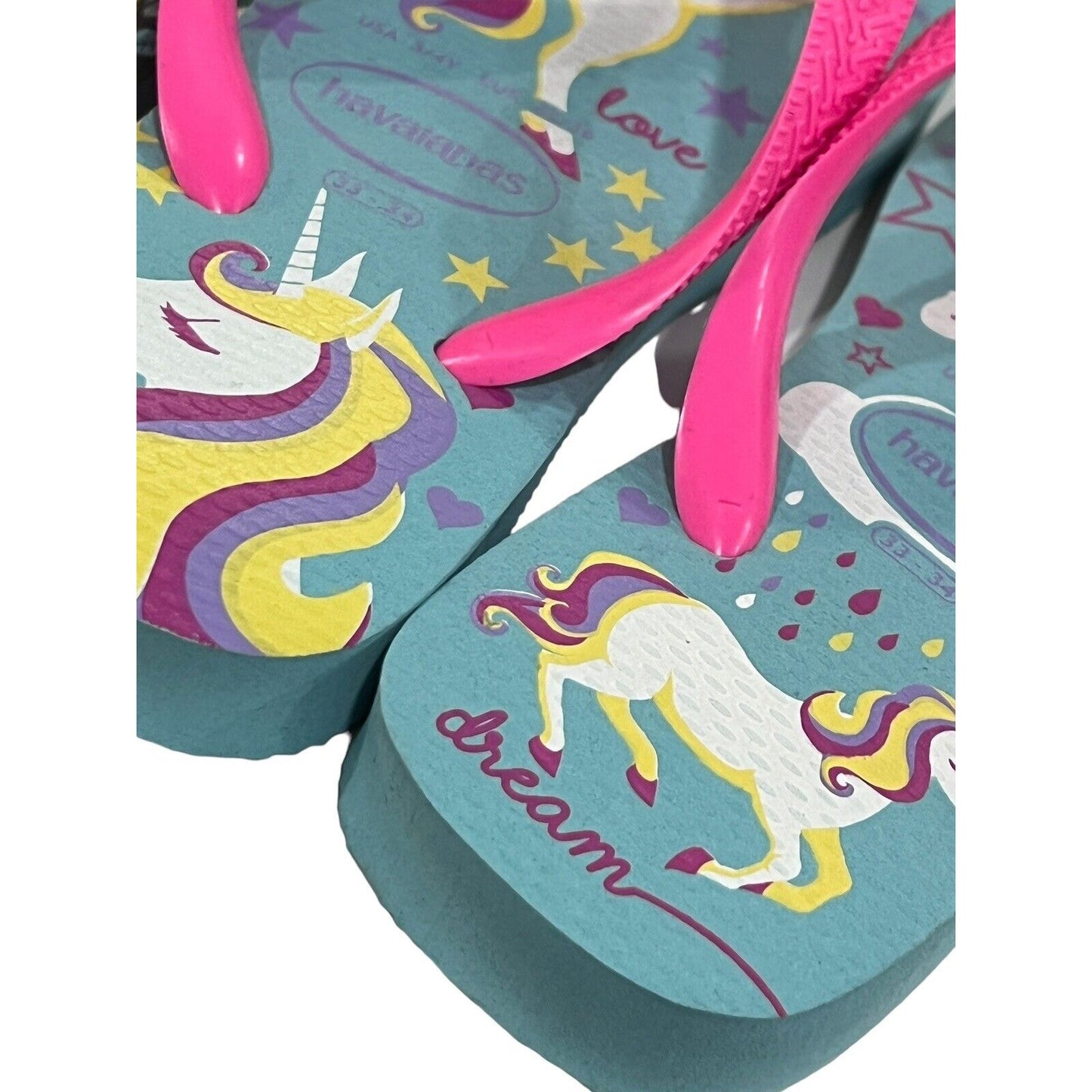 Havaianas Girls Hot Pink Purple Teal Unicorn Flip Flops Sandals Youth Size 3/4