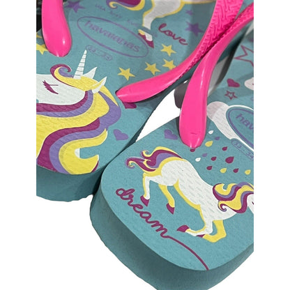 Havaianas Girls Hot Pink Purple Teal Unicorn Flip Flops Sandals Youth Size 3/4
