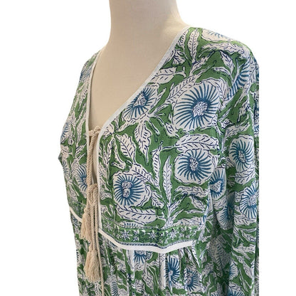 Size XL Karni Cotton Green And Blue Floral Printed Boho Maxi Dress