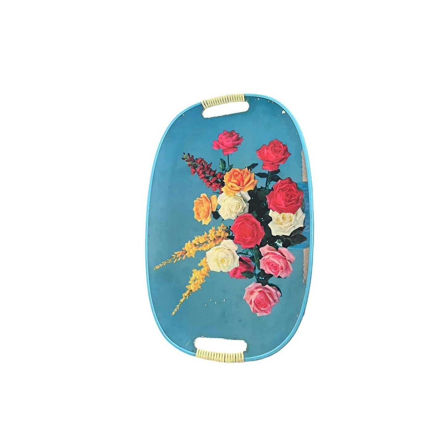 Vintage Serving Tray MCM Floral Roses Wrapped Handles Bouquet Bright Japan