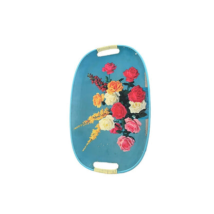 Vintage Serving Tray MCM Floral Roses Wrapped Handles Bouquet Bright Japan