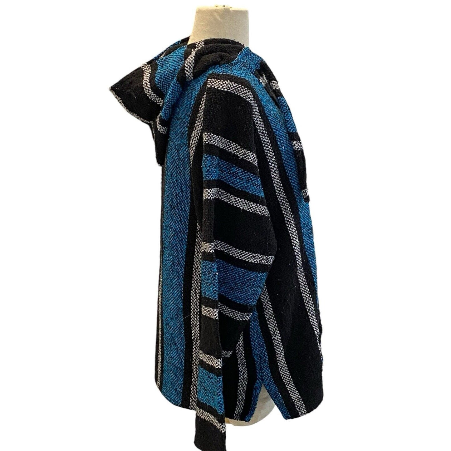 Size L Baja Hippie Poncho Pullover Hoodie Mexican Drug Rug Black Gray Striped