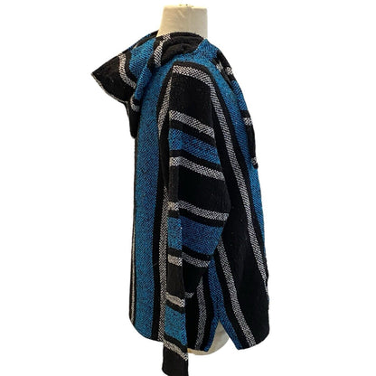 Size L Baja Hippie Poncho Pullover Hoodie Mexican Drug Rug Black Gray Striped