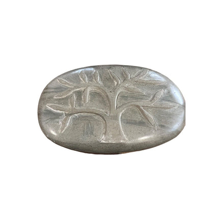 Carved Tree Gray Green Soapstone Lidded Trinket Box Smooth Haiti Soap Dish