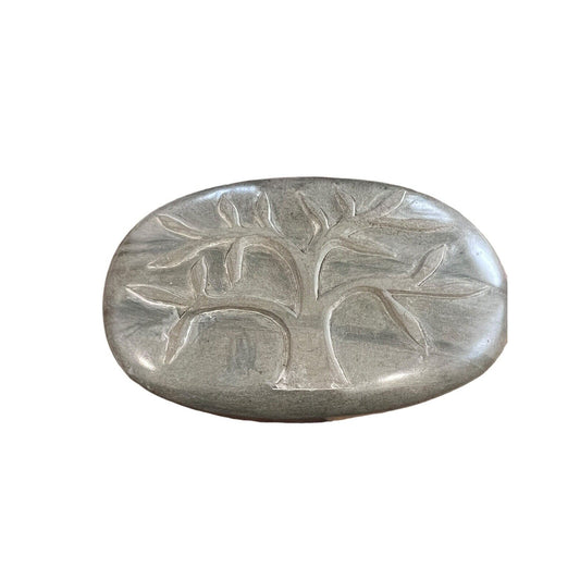 Carved Tree Gray Green Soapstone Lidded Trinket Box Smooth Haiti Soap Dish