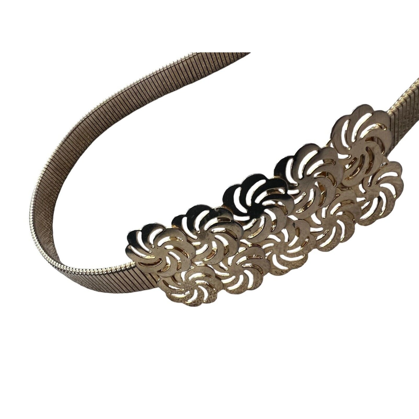 Ornate Buckle Stretch Metal Gold Tone Belt Vintage 27.5” X 5/8” Resting