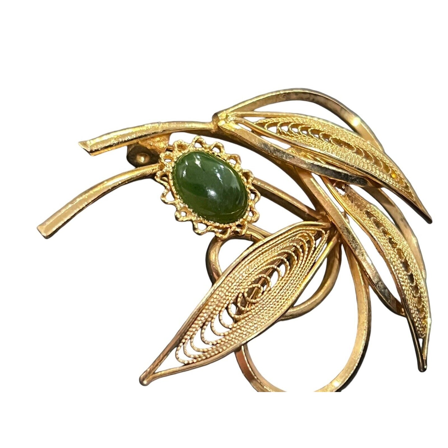 Vintage Nephrite Jade Cabochons Brooch Pin Gold Tone Filigree Leaves Beautiful