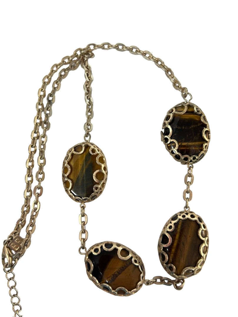 Tiger's Eye Cabochon Link Necklace Banana Republic Gold Tone Tiger Eye 19.5"-23"