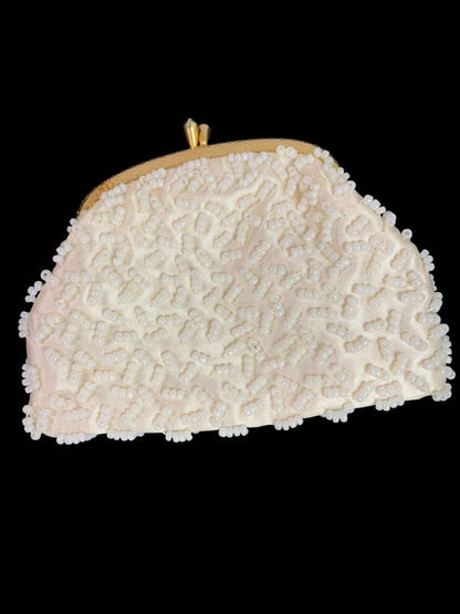 Vintage Golden Name Beaded White Change Purse Hinged Clasp Hong Kong