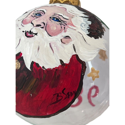 Santa Claus Ornament Christmas Holiday Clear Glass Handpainted Large Ball Signed