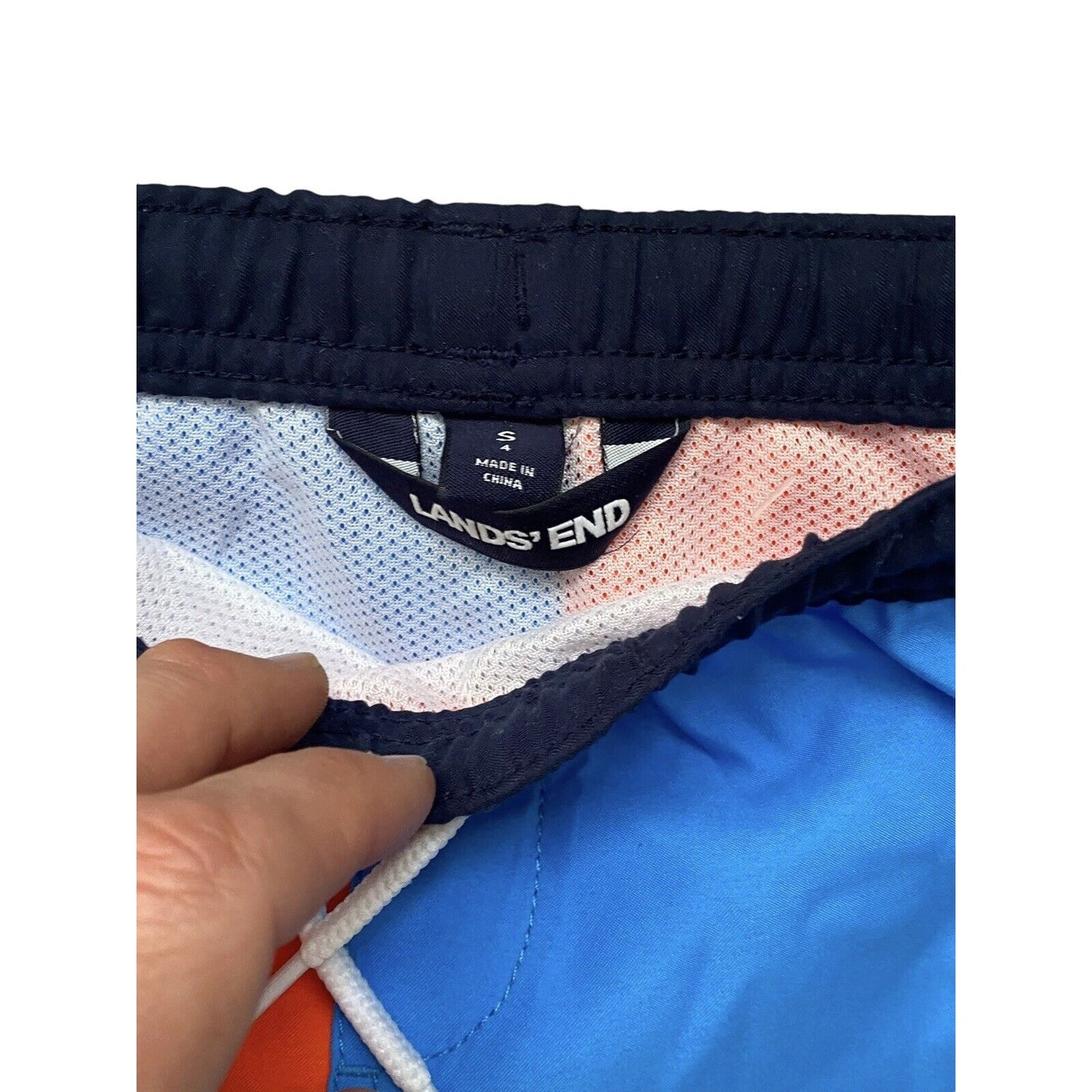 Size Small (4) Lands End Kids Navy Swim Trunks Swimsuit Blue Orange Color Block