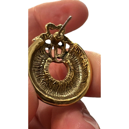 Vintage Gold Tone Door Knocker Green Enamel Round Pierced Fashion Earrings