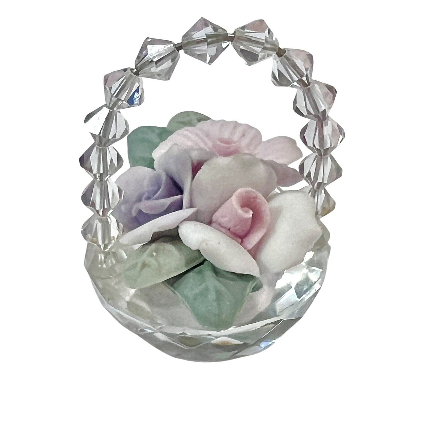 Miniature Crystal Basket Porcelain Roses Pink Purple Spring Easter