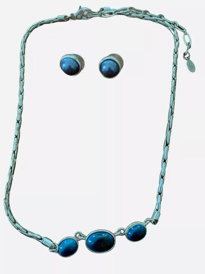 Liz Claiborne Silvertone Necklace And Earrings Blue/Gray Oval Beads Necklace 17” length