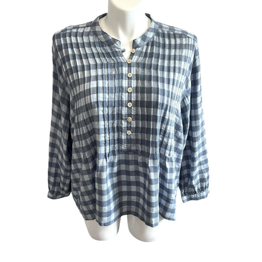 Wrap London Womens Blouse Top Size 14 Blue Check Pleated Tunic Balloon Sleeve