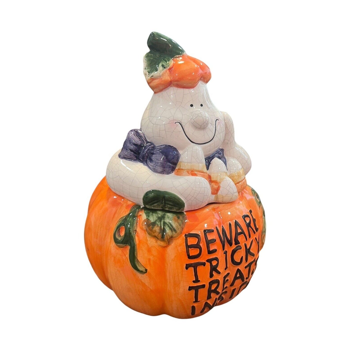 Ceramic Halloween Friendly Ghost Pumpkin Cookie Candy Jar Jack-o-lantern Pumpkin