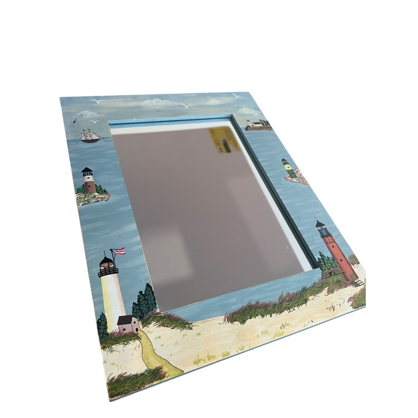 Hand Painted Wall Mirror Light House Wood Blue Handpainted Vintage 14” X 11”