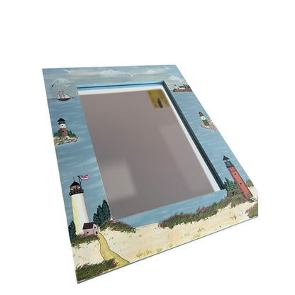 Hand Painted Wall Mirror Light House Wood Blue Handpainted Vintage 14” X 11”