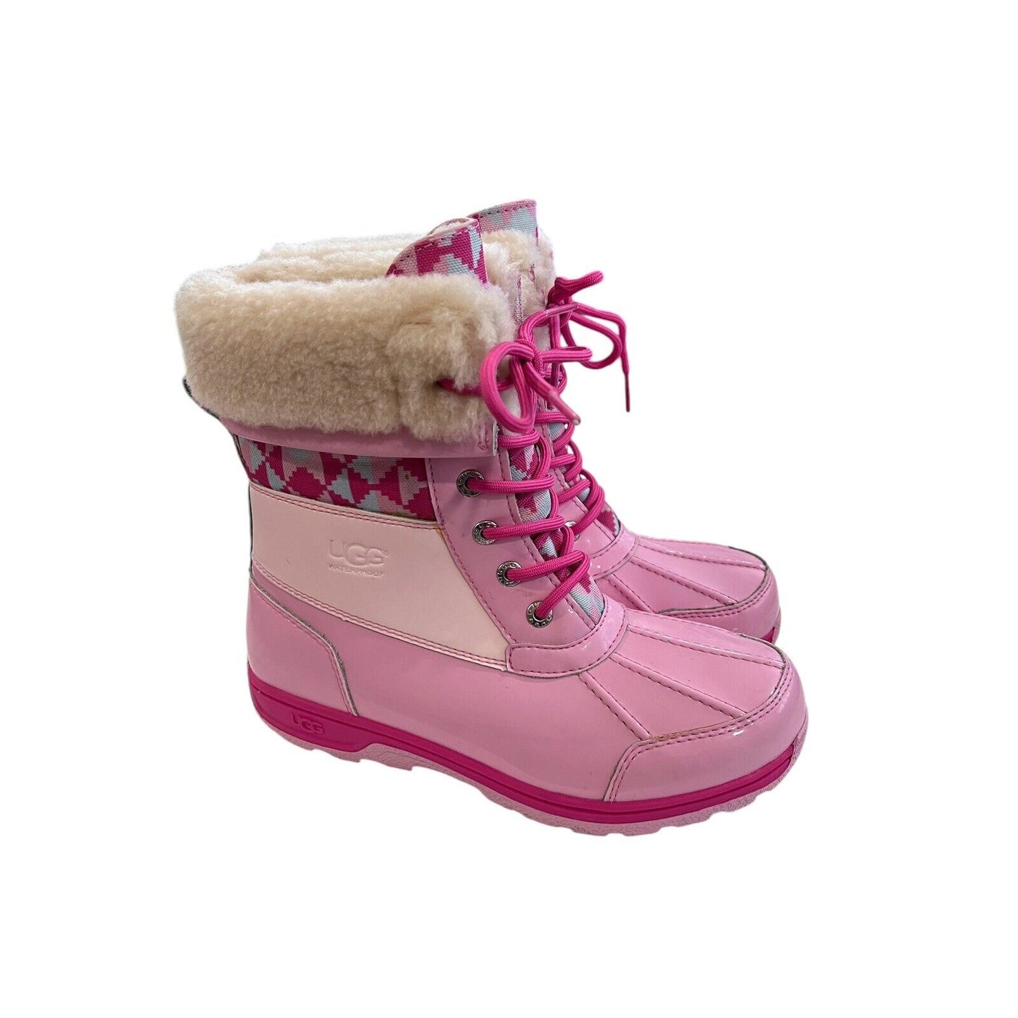 Size 5 Ugg Butte Mono Womens Lace Up Fur Lined Mid Calf Boot Pink EUC