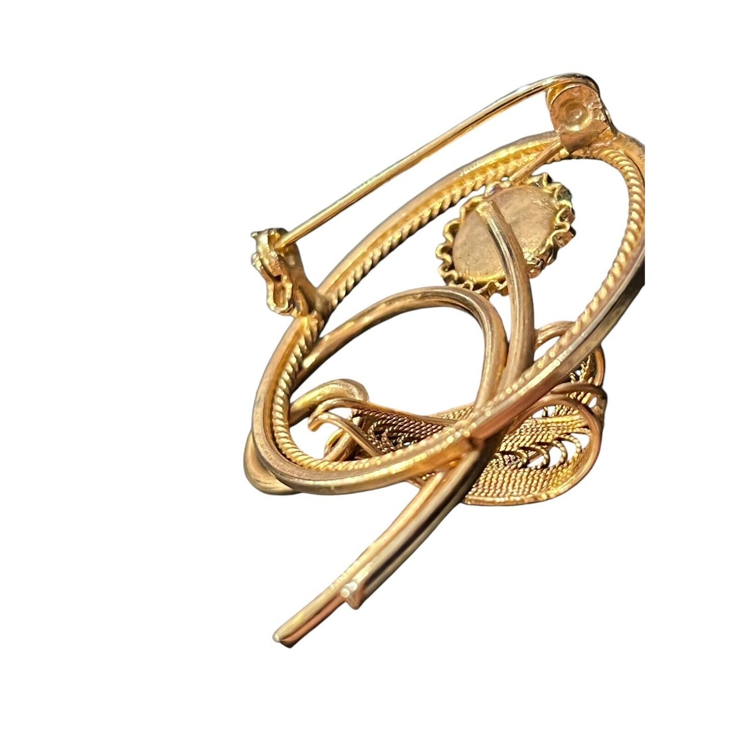 Vintage Nephrite Jade Cabochons Round Brooch Pin Gold Tone Filigree Flower