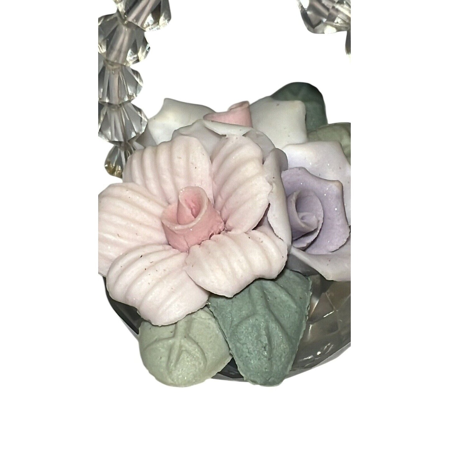 Miniature Crystal Basket Porcelain Roses Pink Purple Spring Easter