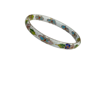 Vintage Cloisonne White Green Floral Flower Enamel Hinged Cuff Bangle Bracelet