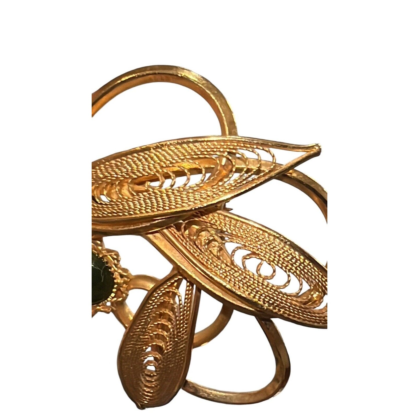 Vintage Nephrite Jade Cabochons Brooch Pin Gold Tone Filigree Leaves Beautiful