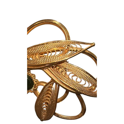Vintage Nephrite Jade Cabochons Brooch Pin Gold Tone Filigree Leaves Beautiful