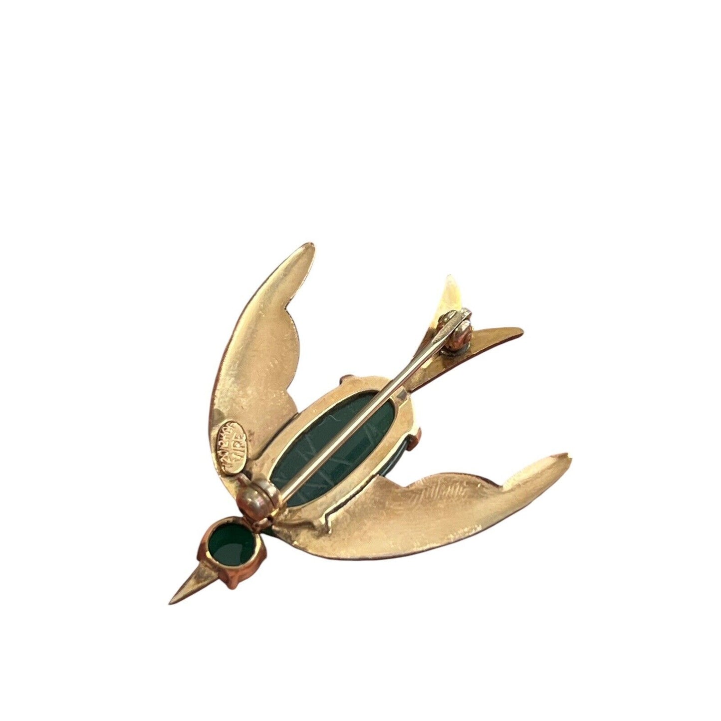 Vintage Wire 1/20 12K GF Jade Cabochon Filigree Bird Brooch Gold Tone