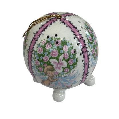 Vintage Ceramic Pomander Scent Ball Pink Angel Cherub Floral Hanging Ornament