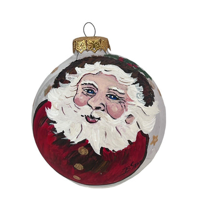 Santa Claus Ornament Christmas Holiday Clear Glass Handpainted Large Ball Signed