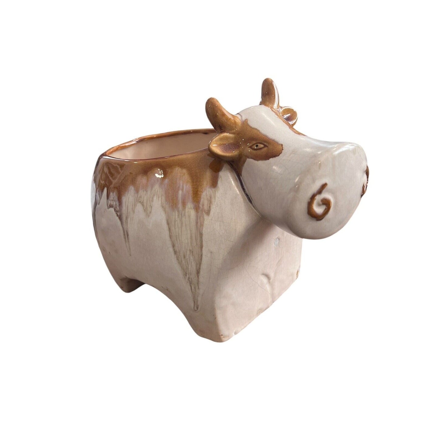 Cow Ceramic Glazed Planter Adorable Unique Brown White