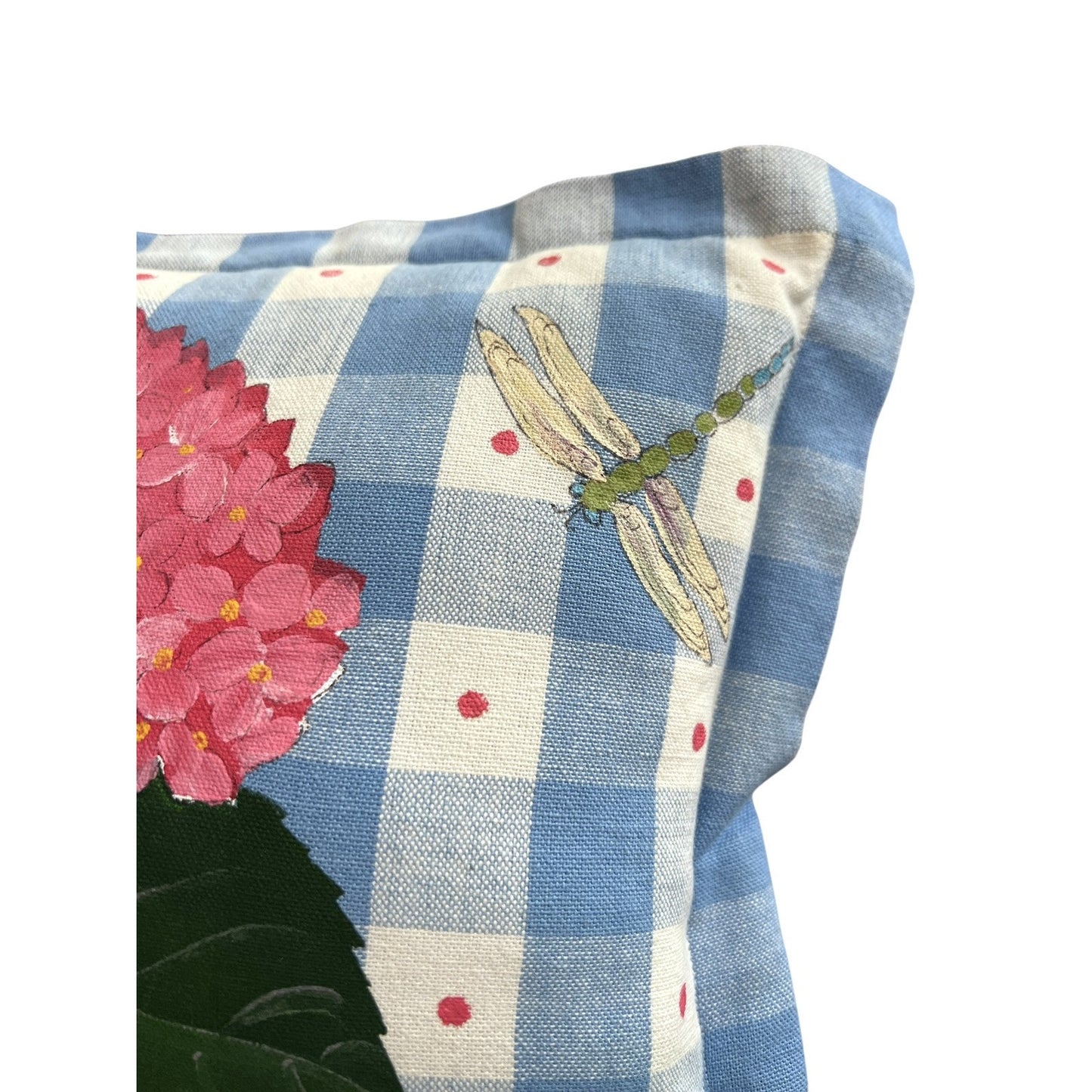 Hydrangea Blue Check 11" x 11" Handpainted Pillow Preppy Spring Floral Southern