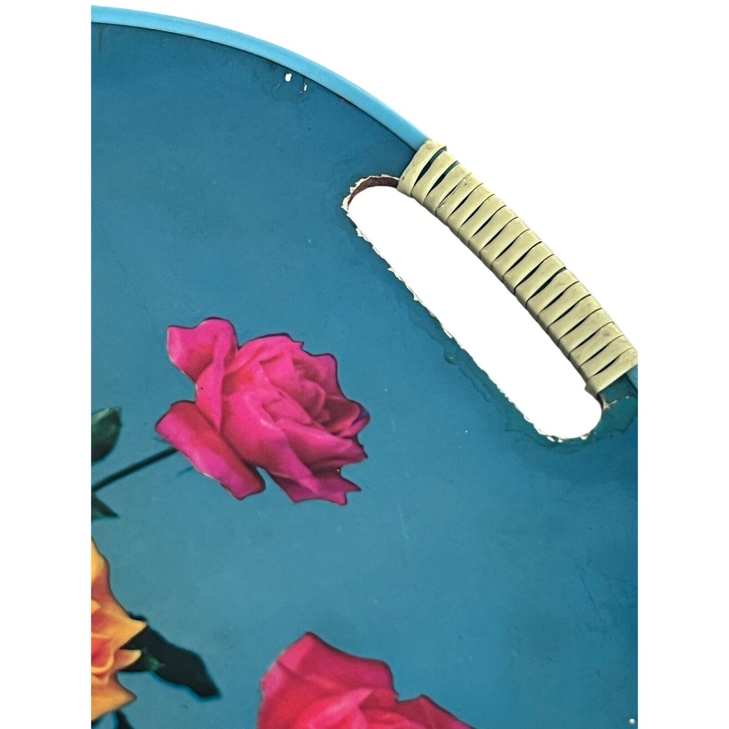 Vintage Serving Tray MCM Floral Roses Wrapped Handles Bouquet Bright Japan