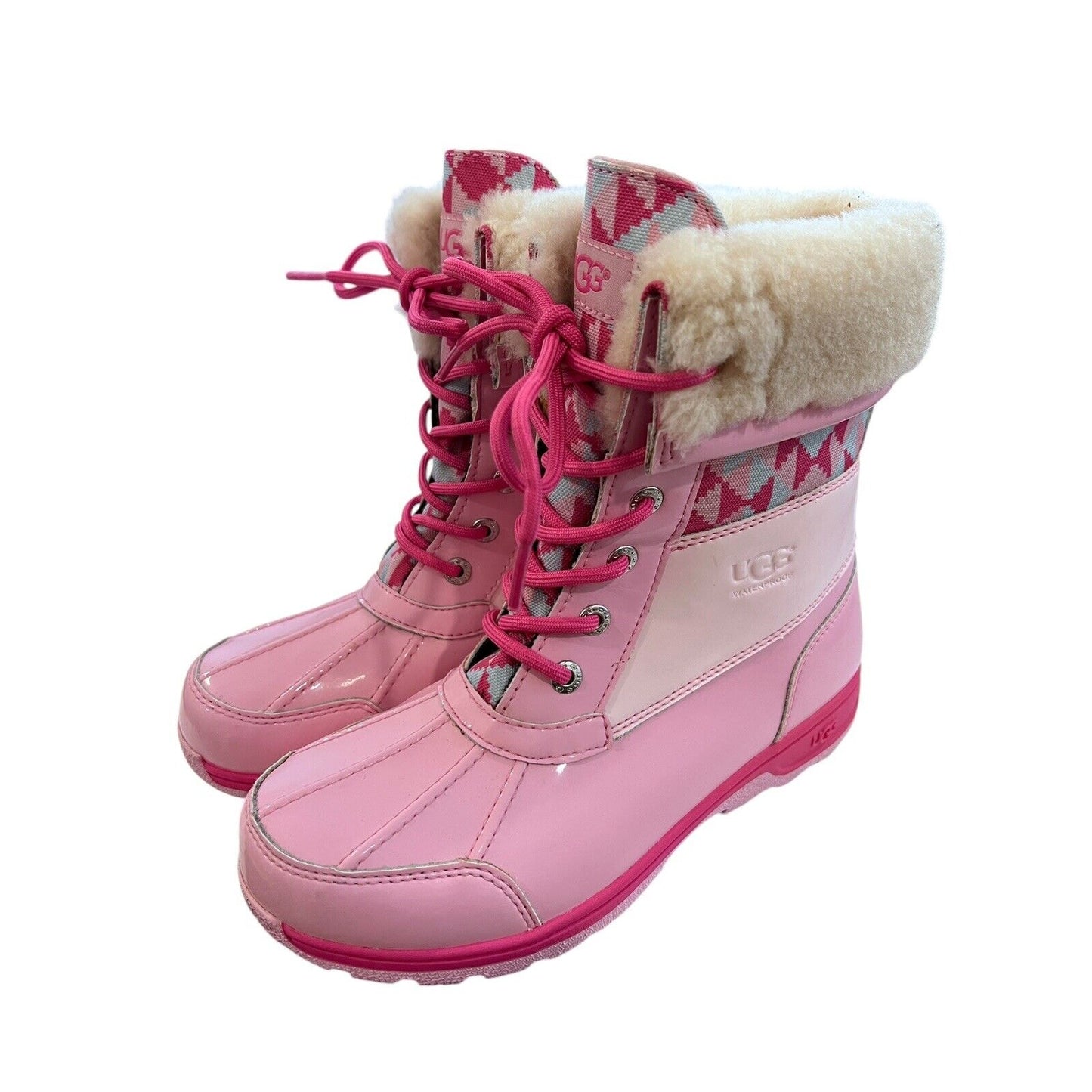 Size 5 Ugg Butte Mono Womens Lace Up Fur Lined Mid Calf Boot Pink EUC