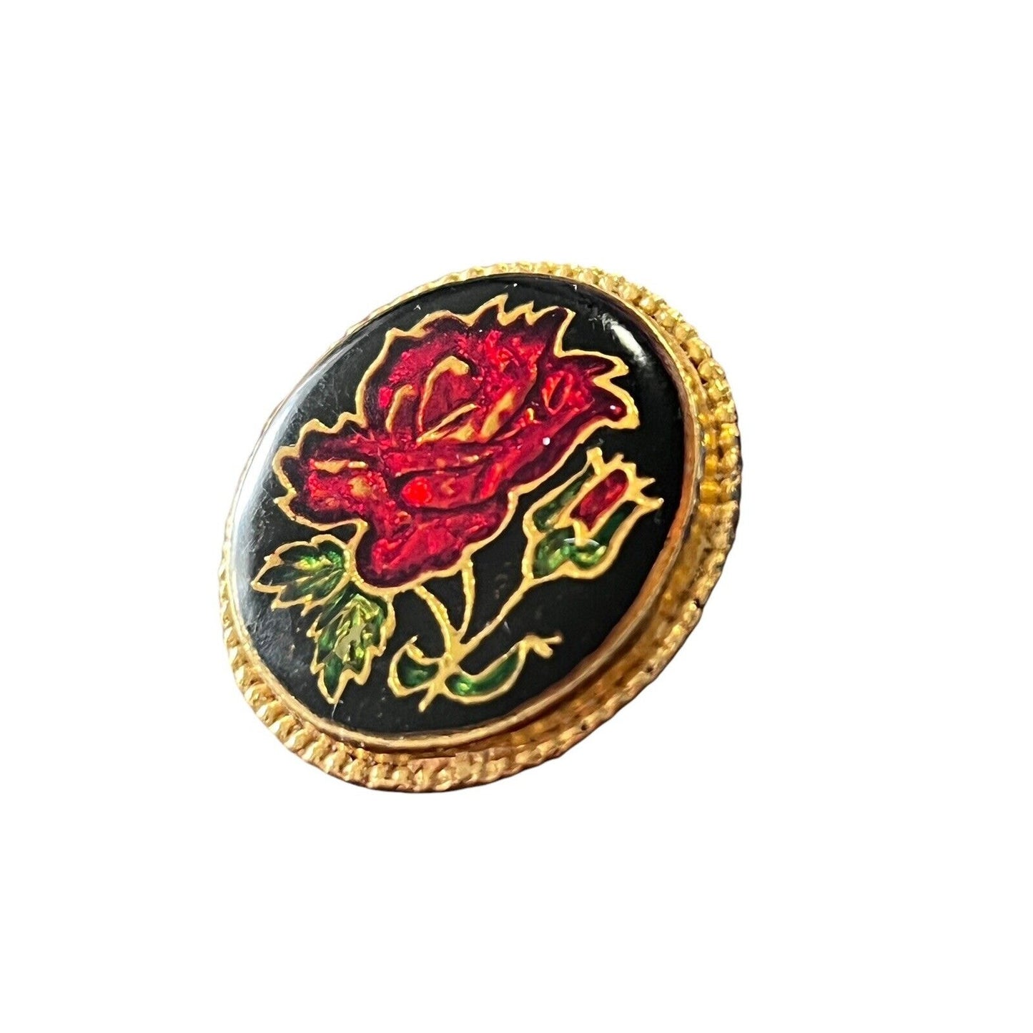 Vintage Black Red Rose Resin Coated Flower Round Gold Tone Brooch Pin 1 1/16”