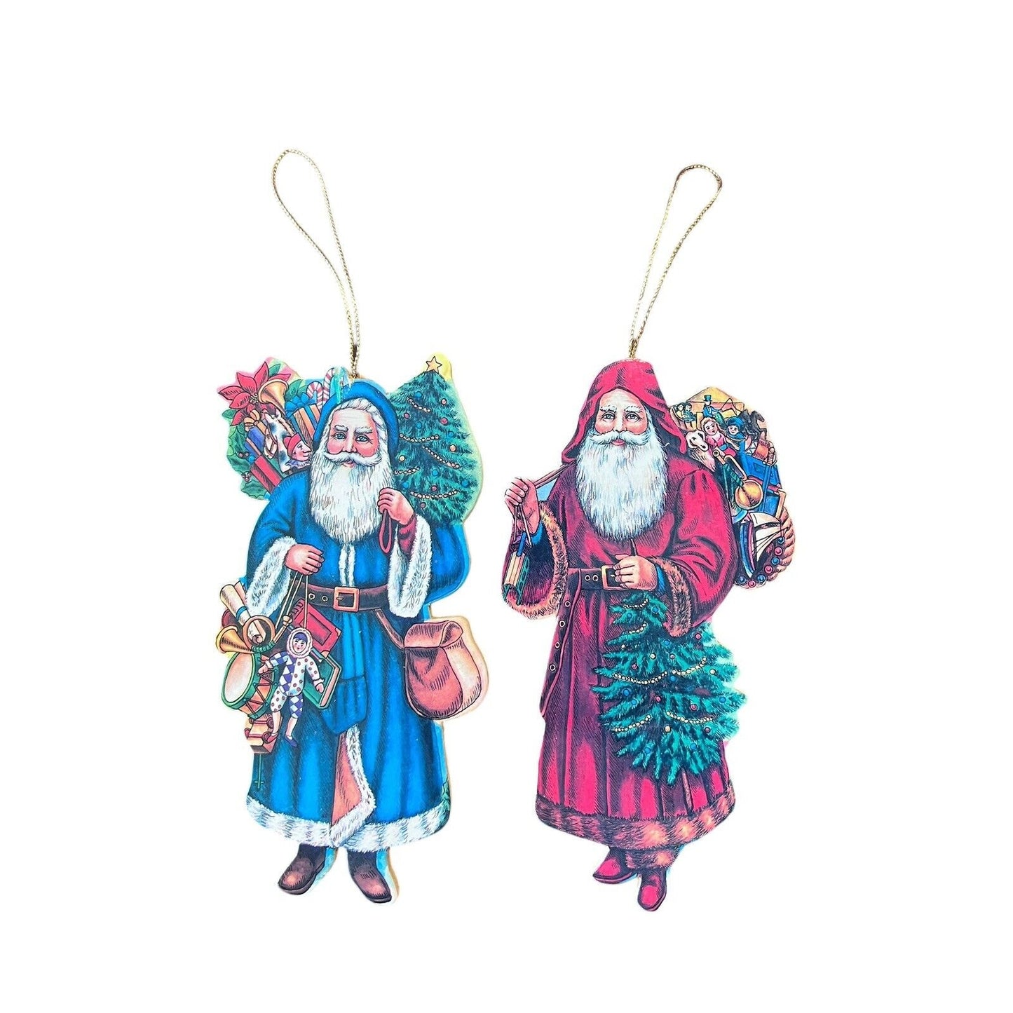 Santa Claus Old World Style Classic Print Wood Christmas Ornament Set Holiday