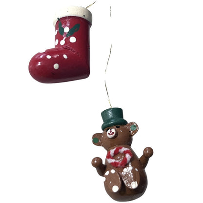 2 Vintage Hand Painted Wooden Christmas Ornaments Small Retro Bear Stocking