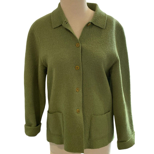 Eileen Fisher Green 109% Wool Button Down Jacket Womens Petite Small PS