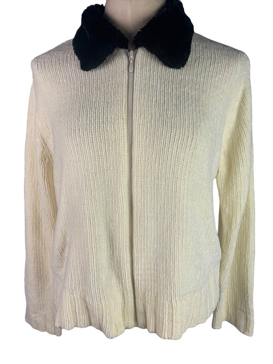 Medium Kathie Lee Collection Women's Ivory Chenille Full Zip Cardigan Black Plush Collar